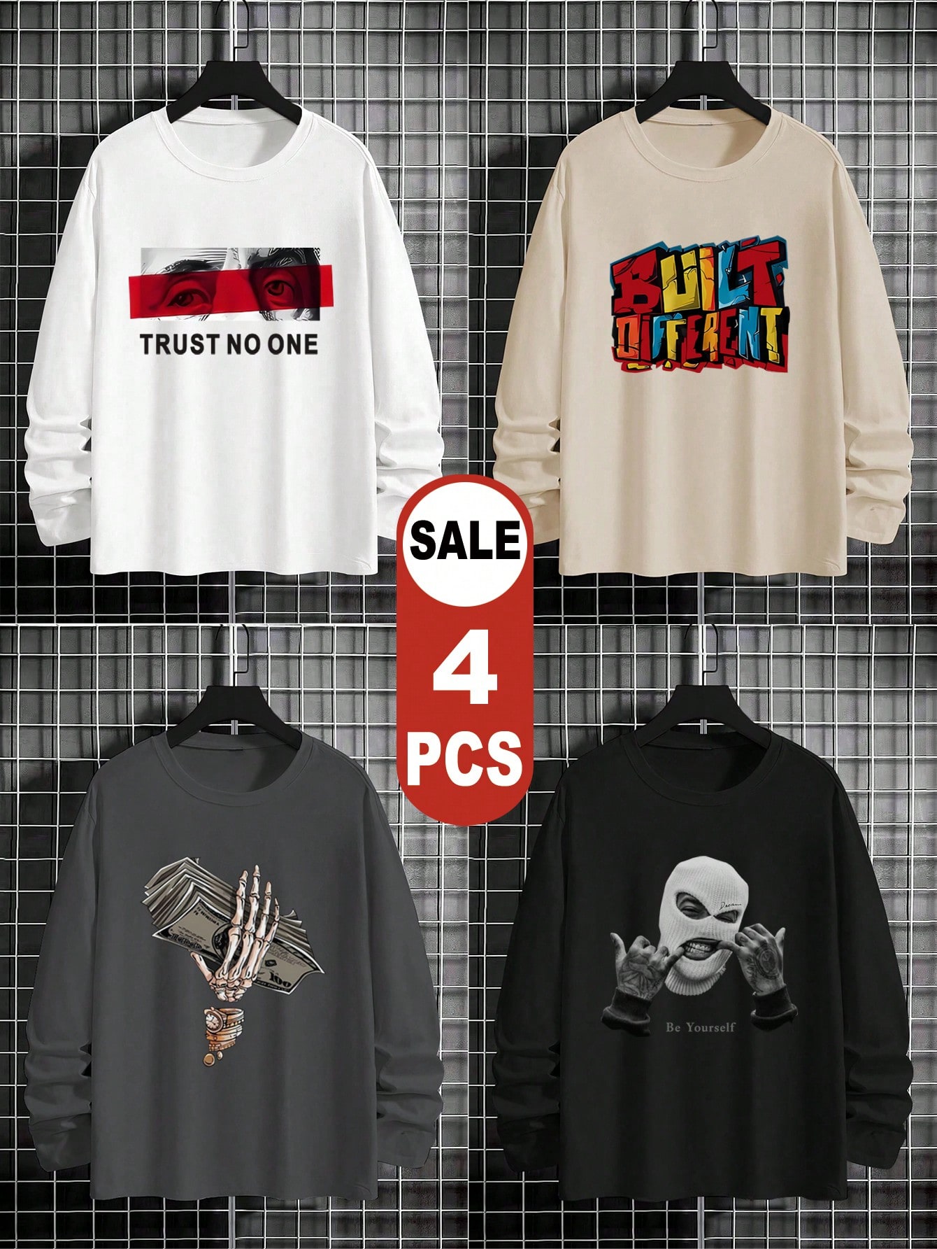 4pcs/Set Men's Casual Funny Printed Long Sleeve T-Shirts, Suitable For Spring & Autumn