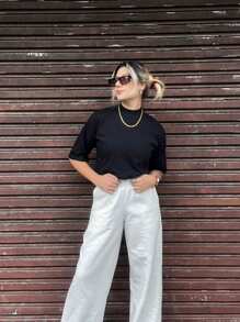 Cropped feminino oversized manga larga blusa curta