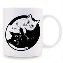 3A Grade, Cute Tai Chi Black-White Cat Coffee Mug, 11 Oz Ceramic Tea Cup, Decorative Tea Cup, Ideal Birthday/ Holiday Gift Perfect For Office/ House Living/ Party To Friend, Cat Lovers - 白色 - 查看 3