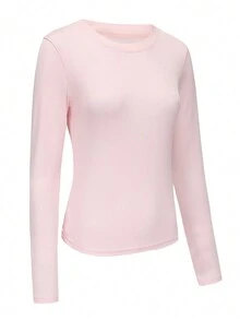 Slim Fit Langarm Top, Damen bequemes dehnbares Unterhemd für die Crew - Pink - Übersicht 3