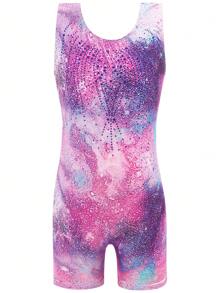 Young Girl Tie Dye Gymnastics Leotard With Shorts, Sleeveless & Rhinestone Decor