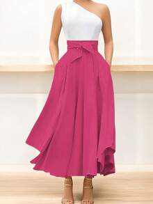 Falda De Mujer Unicolor de Talle Alto y Nudo Delantero #SensaciónDelujo #EstiloRomanticoDeSanValentín - Rosa Fucsia - Ver 4