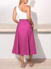 Falda De Mujer Unicolor de Talle Alto y Nudo Delantero #SensaciónDelujo #EstiloRomanticoDeSanValentín - Rosa Fucsia - Ver 5