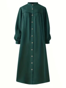 Scacto Vestido largo y modesto con cuello redondo, manga de farol, pliegues y silueta evasé en unicolor, apto para uso diario, fiestas en casa y moda, en versión holgada