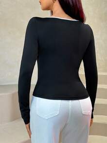 Women Contrast Lace Bow Decor Long Sleeve Basic Blouse - Black - View 2