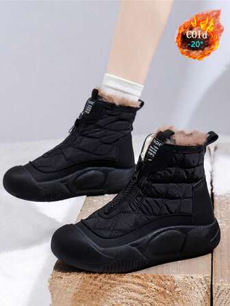 2024 Autumn/Winter New Thick Sole Heightening Fur Lining Warm Women Snow Boots, Waterproof Anti-Freezing, Rain Umbrella Cloth Waterproof Anti-Oil Short Boots, Mid-Calf Round Toe Front Zipper Illumination Women Boots, Mid-Calf Furry Reflective High-Top Women Boots