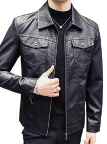 Men's Leather Slim Fit Velvet Thickened Motorcycle Jacket 1.5kg-Leather Jacket - màu đen - Xem 1