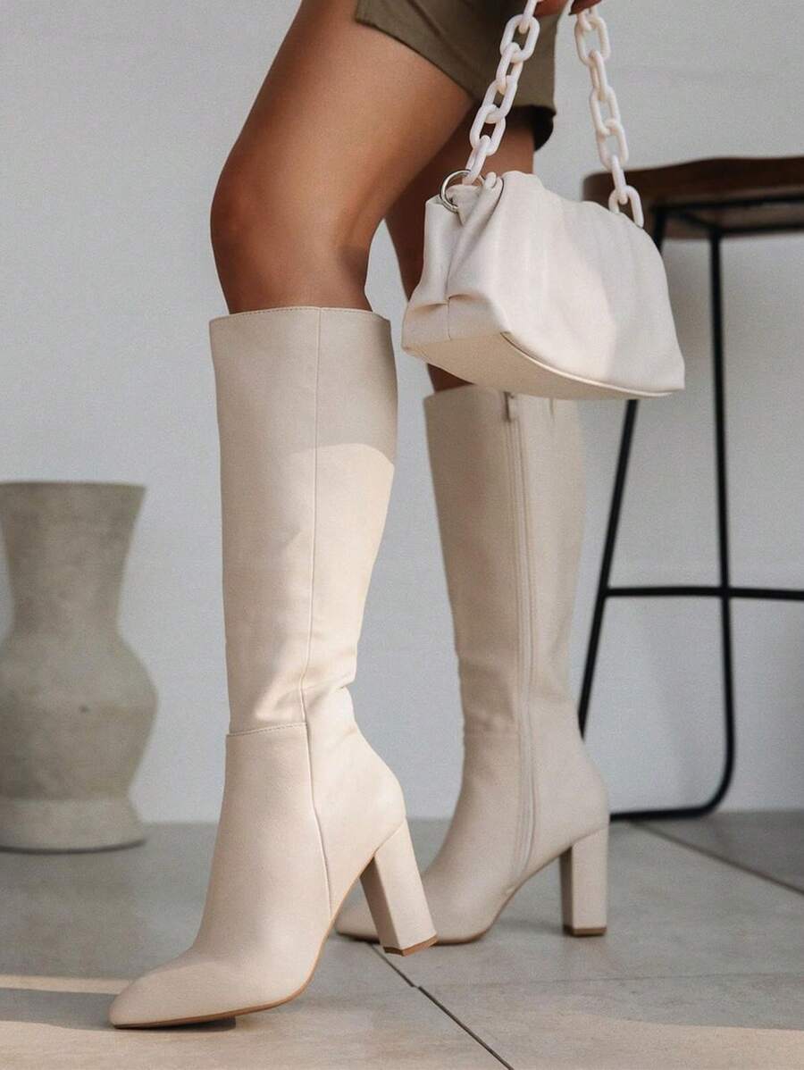 Women Knee High Boots Zip Chunky High Heeled Luxury Sexy Winter Fashion Elegant Shoes For Woman - 白色 - 查看 1
