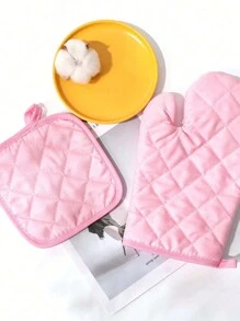 Set de 2 piezas de guantes para horno y soportes para ollas de tela de poliéster rosa sólido, guantes microondas y protector de mesa, guantes para hornear, resistentes al calor para cocina en el hogar - Multicolor - Ver 3