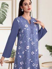 Spring & Winter Clothes New Long Sleeved Women's Small Floral Print Small Floral Print Ladies Loose A Line Maxi Dress Robe Pattern Splicing Solid Color Elegant Ladylike Dress - Blue - View 7