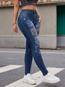 Plus Size Women's Stretchy Skinny Jeans - Ripped, Distressed, Ankle-Length Denim Pants With Comfortable Fit, Classic Basic Style, And Five-Pocket Design - Màu xanh lam - Xem 3