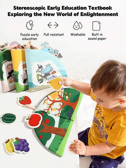 1 livro interativo de pano para bebês, resistente a rasgos, com imagens combinando e adesivos reutilizáveis, brinquedo educativo para a primeira infância, design fofo, lavável (cores selecionadas aleatoriamente)