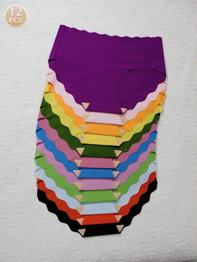 12pcs/Pack - Minimalist Silk-Smooth Naked Feel Breathable Solid Color & Printed Triangle Briefs, Comfortable Skin-Friendly Fabric, Quick-Dry Wave Hem
