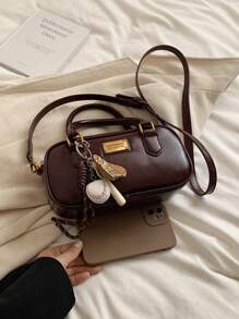 配有毛绒娃娃装饰斜肩女士手提包，大容量软皮波士顿托特包，适合所有季节通勤，新款秋冬女包，最佳秋季钱包，完美搭配秋季服装女士秋季服装女士 - 紅色 - 查看 6