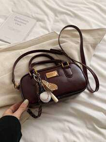 配有毛绒娃娃装饰斜肩女士手提包，大容量软皮波士顿托特包，适合所有季节通勤，新款秋冬女包，最佳秋季钱包，完美搭配秋季服装女士秋季服装女士 - 紅色 - 查看 5