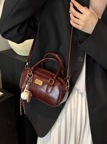 配有毛绒娃娃装饰斜肩女士手提包，大容量软皮波士顿托特包，适合所有季节通勤，新款秋冬女包，最佳秋季钱包，完美搭配秋季服装女士秋季服装女士 - 紅色 - 查看 3