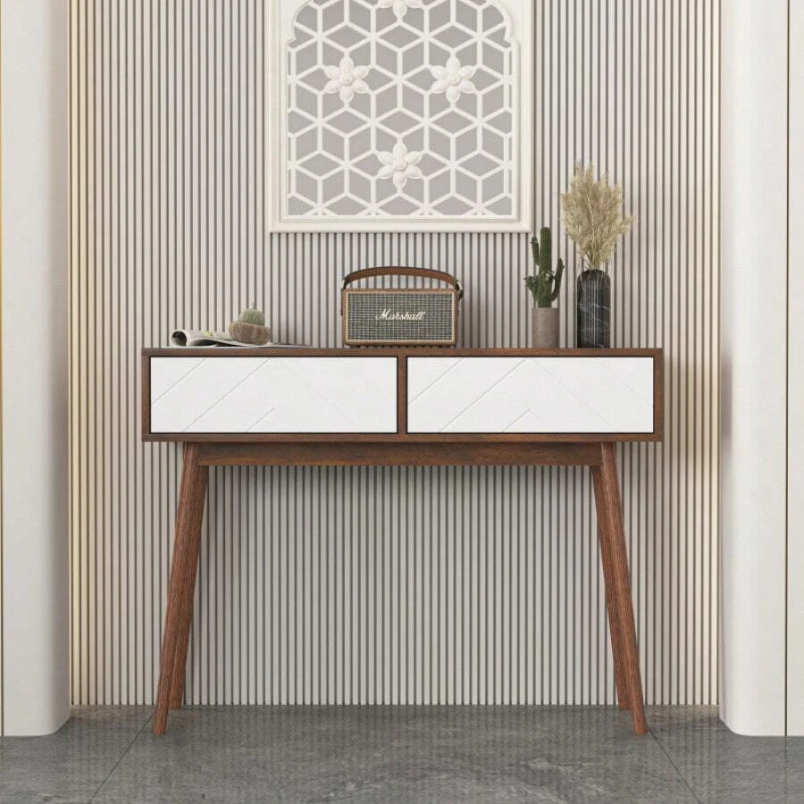 Entryway Table With 2 Carved Panel Drawers, Console Table With Storage Space And Wood Legs,Sofa Table Behind Couch For Hallway, Living Room, Natural Color - White - View 1