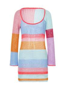 Women Crochet Knit Mini Dress Bikini Cover Up Colorful Striped Long Sleeve See Through Mesh Cover Ups Summer Coverups Beach Wear - màu sắc - Xem 3