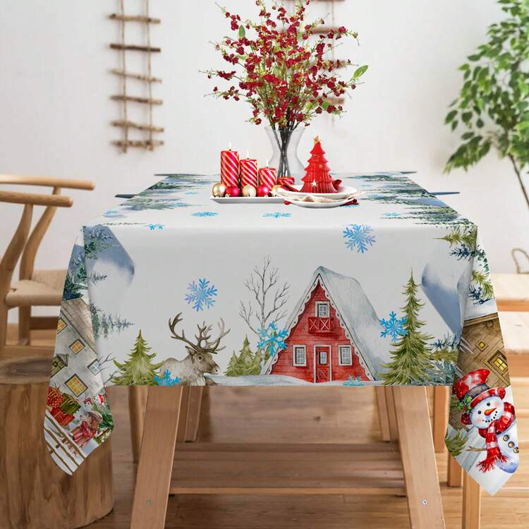 1 pieza Mantel con temática navideña, material de poliéster con estampado de escena nevada, adecuado para la decoración de fiestas navideñas, vajilla de interior - múltiples colores - Añade 7