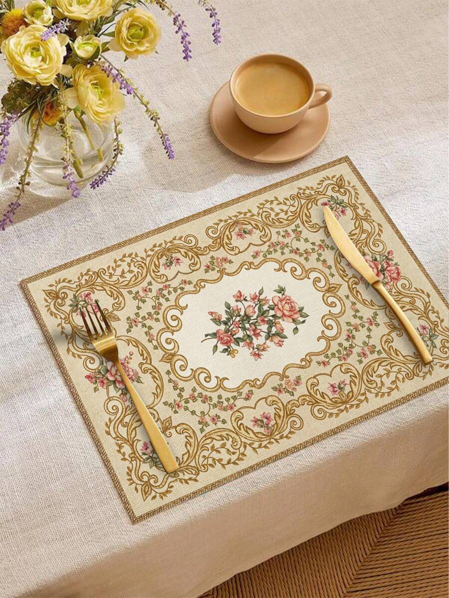 1pc/4pcs/6pcs , Linen Place Mats With Floral Pattern - Hand Wash Only, Rectangle Woven Table Mats For Family, Hotel, Banquet, Holiday Use - 100% Linen, Dirt-Resistant Kitchen And Dining Table Mats - Multicolor - View 1