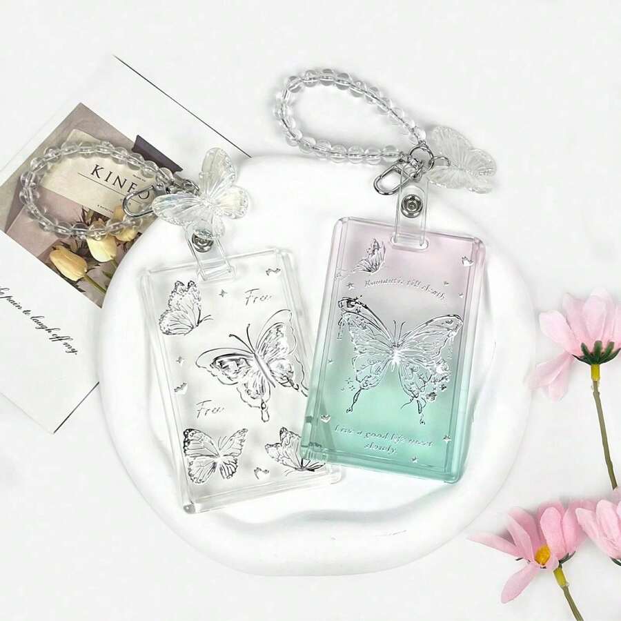 1 个蝴蝶主题透明卡夹-耐用塑料，果冻心形蝴蝶吊饰，亚克力透明卡夹双面门禁卡夹，用于学生证和餐卡保护，硬塑料徽章夹卡夹，驾驶证，银行卡，会员卡，公交卡，安全门禁卡（不包括卡） - 彩色 - 查看 1