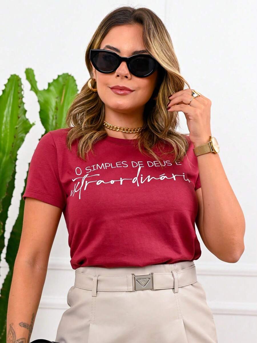 Women's T-Shirt Short Sleeve Round Neck 100% Cotton Premium Mesh (4) - 紫紅色 - 查看 1