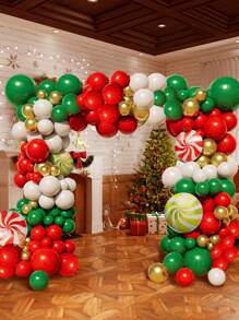 Set de 133 piezas que incluye globos metálicos mates rojos, verdes, blancos y dorados en forma de arco para decorar la Navidad - decoración de globos decorativos de látex, fondo para fiesta de Navidad, decoración navideña para el hogar, Halloween y decoración de Halloween - Multicolor - Ver 7