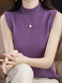 New Women's Knitted Undershirt Female Spring And Summer Lightweight Slim Ladies Short Solid Color Versatile Half-High Neck Bottoming Casual Lightweight Sleeveless Tops - 紫色 - 查看 4