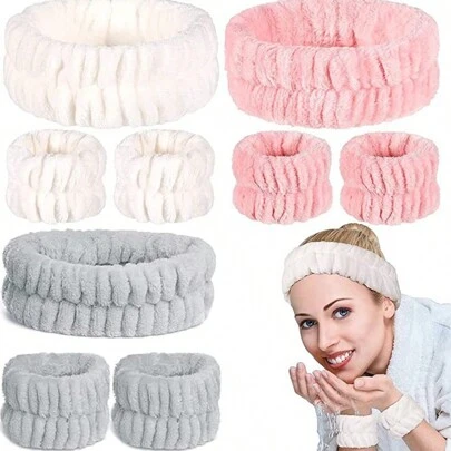 2025 New Flannel Headband And Wristband Set, Waterproof Splash Guard, Absorbent And Quick Dry, Suitable For Washing, Yoga, Beauty, Independent 5 Color Options Bathroom Decor Fall Decor Back To School Hair 