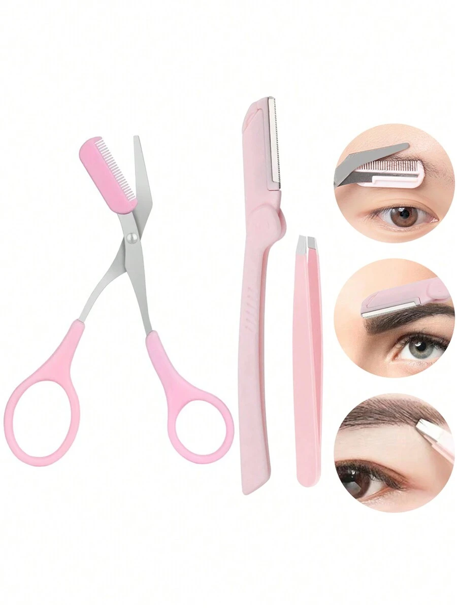 3 合 1 眉毛修形套装，包括 1 把剃须刀、1 把镊子、1 把眉毛剪，适合男士和女士 - 粉色 - 查看 1