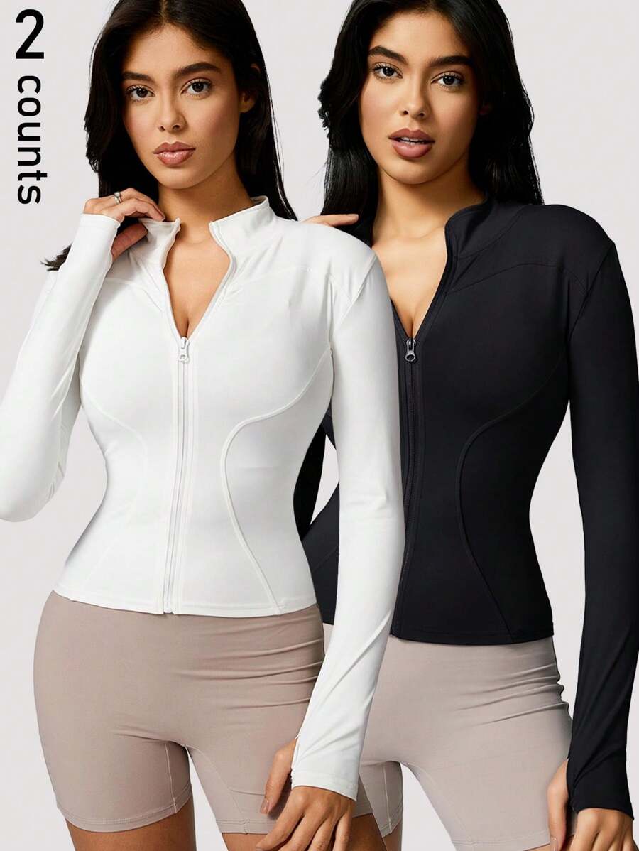 2pcs Women Fashion Solid Color Thumb Hole Long Sleeve Zipper Sports Top, Tight Outdoor Jacket