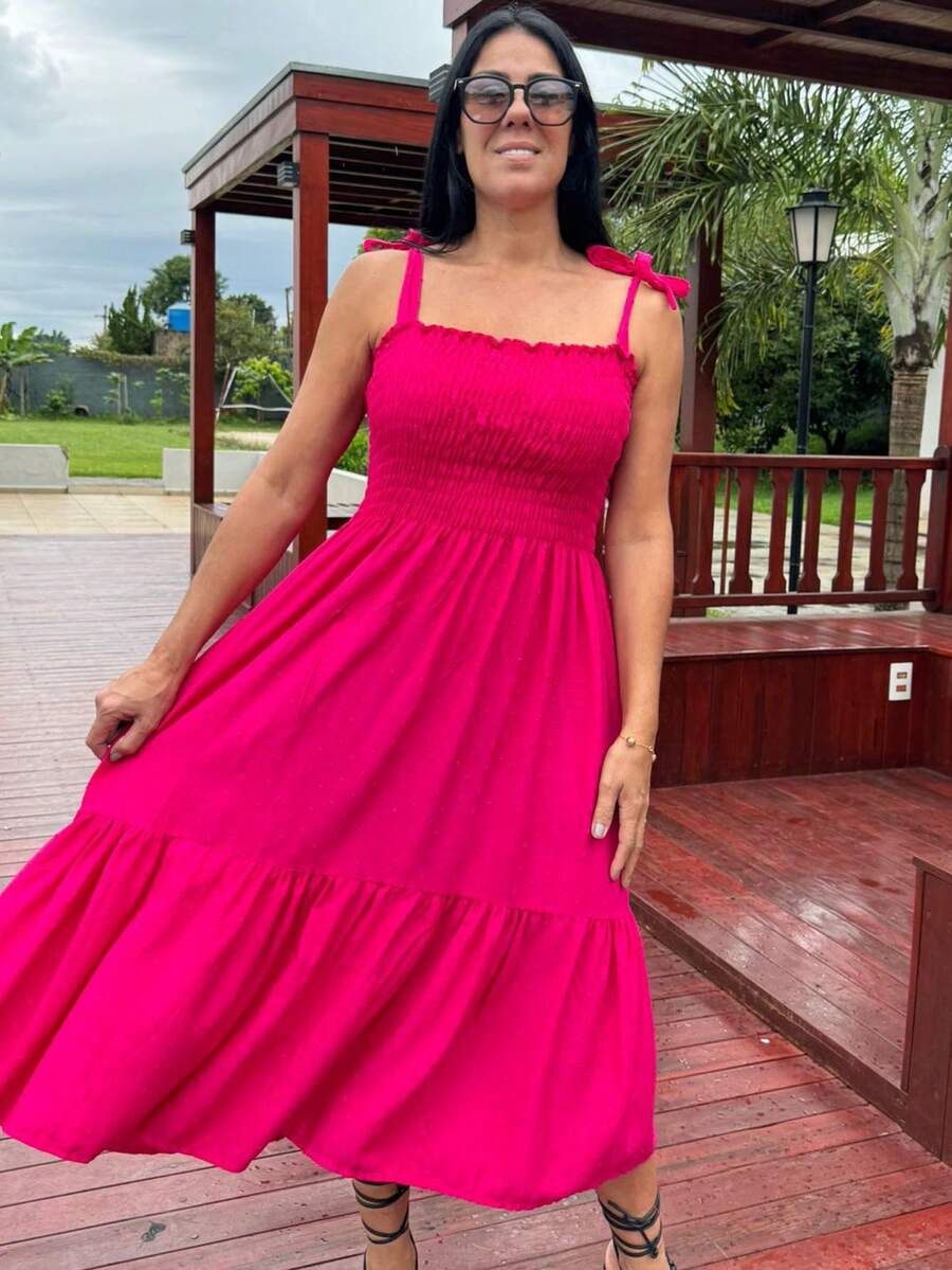 Midi Dress With Straps And Elastic On The Bust And Perfect Fit With Gathering And Tie Straps - Màu Hồng Tươi - Xem 1