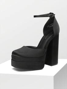 Women Platform High Chunky Block Heels Pumps Square Closed Toe Ankle Strap Solid Color Wedding Party Prom Festival Shoes - SATIN ĐEN - Xem 7