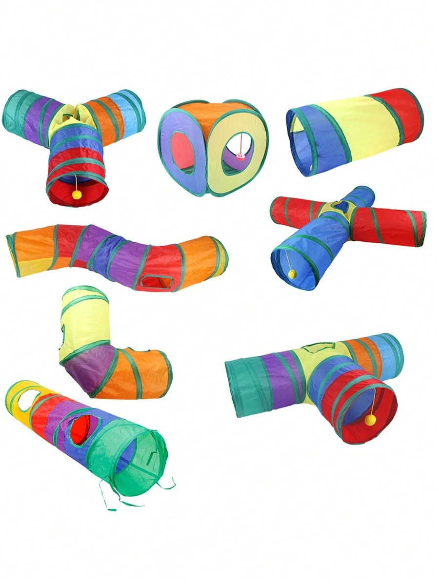 1pc Pet Supplies Pet Cat Tunnel Rainbow Playing Tunnel 3-Way Interactive Cat Crinklable Crinkle Roll Mat Toy, Foldable Breathable Cat Tunnel, Funny Drill Bucket, Pet Accessories, Portable For Indoor Outdoor, Puzzle Exercise Training Supplies For Cats, Rabbits, Hamsters, Assorted Plush Ball Colors - Multicolor - View 1