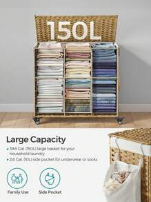 SONGMICS 带盖洗衣篮，160 升，带轮滚动洗衣篮，3 格合成藤条洗衣桶，可拆卸内衬，适用于洗衣房、卧室，70 X 36 X 66 厘米，天然洗衣篮，开学季适用