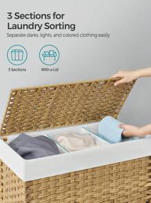 SONGMICS 带盖洗衣篮，160 升，带轮滚动洗衣篮，3 格合成藤条洗衣桶，可拆卸内衬，适用于洗衣房、卧室，70 X 36 X 66 厘米，天然洗衣篮，开学季适用