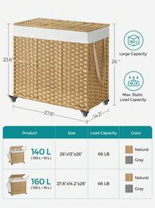 SONGMICS 带盖洗衣篮，160 升，带轮滚动洗衣篮，3 格合成藤条洗衣桶，可拆卸内衬，适用于洗衣房、卧室，70 X 36 X 66 厘米，天然洗衣篮，开学季适用