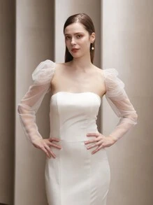 1pair Women's Long Transparent Mesh Bridal Arm Sleeves, Elegant White Wedding Banquet Photo Accessories, Bright Silver Autumn Accessories