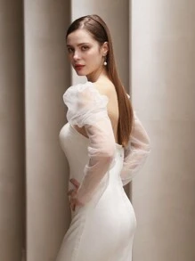 1pair Women's Long Transparent Mesh Bridal Arm Sleeves, Elegant White Wedding Banquet Photo Accessories, Bright Silver Autumn Accessories