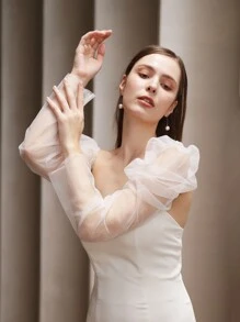 1pair Women's Long Transparent Mesh Bridal Arm Sleeves, Elegant White Wedding Banquet Photo Accessories, Bright Silver Autumn Accessories