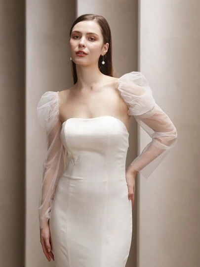 1pair Women's Long Transparent Mesh Bridal Arm Sleeves, Elegant White Wedding Banquet Photo Accessories, Bright Silver Autumn Accessories