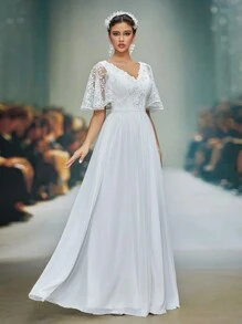 V-Neck Lace Applique Floral Patchwork Chiffon Pleated Wedding Dress,Bride - White - View 4