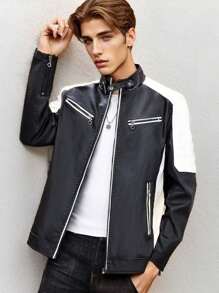 Otoño e invierno Cuello alto cremallera chaqueta de motorista de los hombres material de la PU, multi-bolsillos,  Moda Urbana - Negro - Ver 2