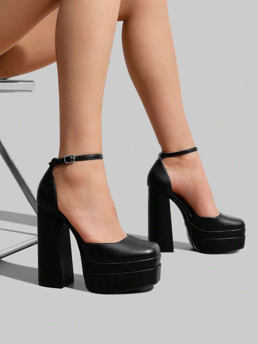 Women Platform High Chunky Block Heels Pumps Square Closed Toe Ankle Strap Solid Color Wedding Party Prom Festival Shoes - màu đen - Xem 1