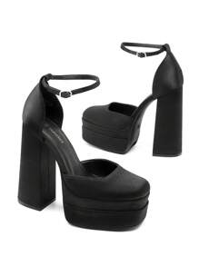Women Platform High Chunky Block Heels Pumps Square Closed Toe Ankle Strap Solid Color Wedding Party Prom Festival Shoes - SATIN ĐEN - Xem 5