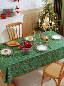 1 szt. Świąteczny zielony prostokątny obrus z metalicznym wzorem dzwonków, jesienno-zimowy wystrój domu, odporny na kurz i ciepło do kuchni, jadalni, imprezy, dekoracji świątecznych, Nowego Roku