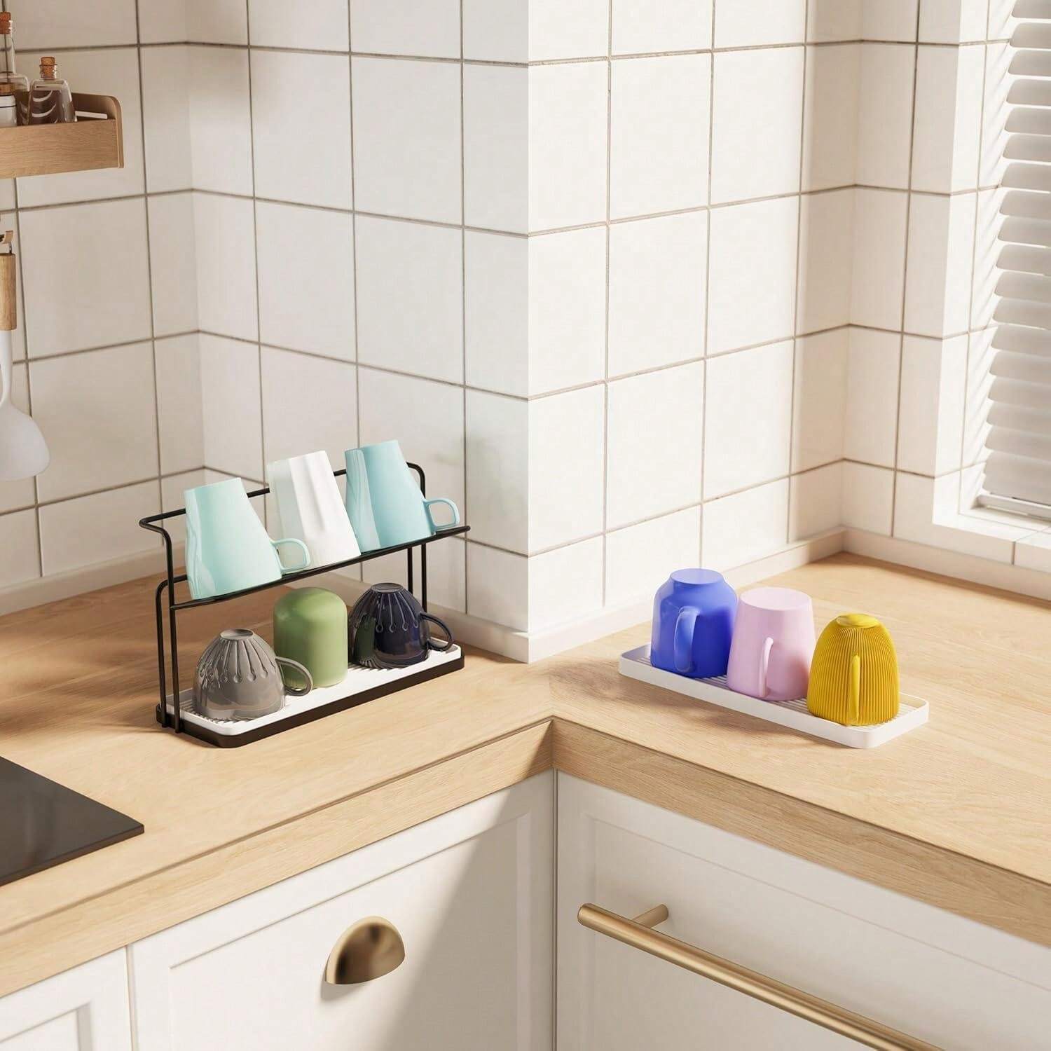 2Tier Kitchen Countertop Glass Cup Holder Stand, Drip Tray For Hot