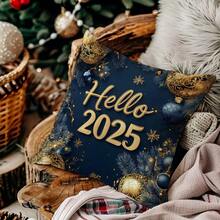 1pc 17.7"X17.7" (45x45cm) Merry Christmas 2025 New Year Blue & Gold Christmas Text Throw Pillow Cover (Single-Sided Print), Home Decor Cushion For Sofa, Bed, Car - Fuzzy Peach Velvet (Pillow Insert Not Included), Suitable For Daily Use, High-End Minimalist Self-Use, Living Room, Sofa, Bedroom, Car Decorative Pillow Case