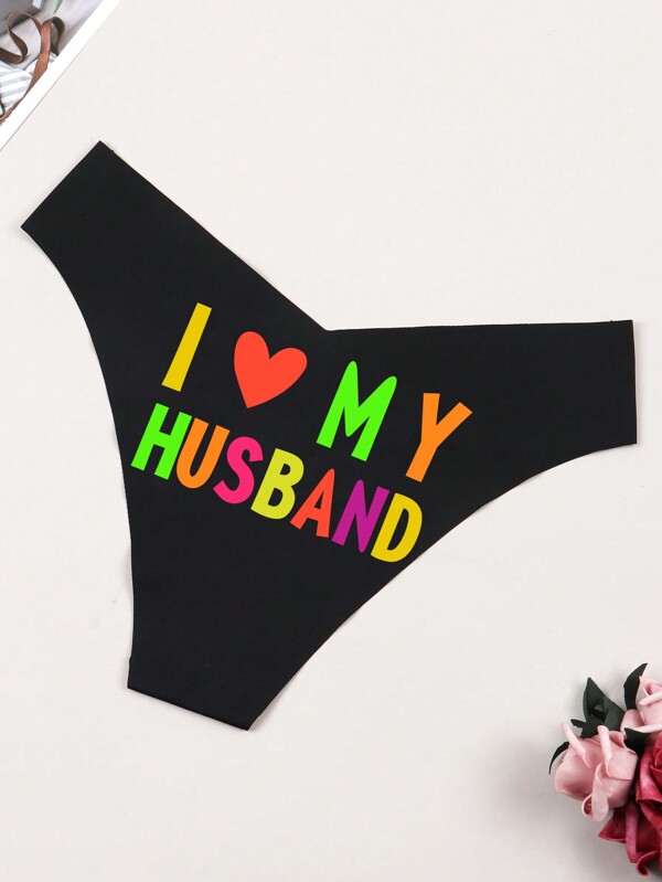 Women's Sexy Breathable Black Thong Panty With "I Love My Husband" Heart & Letter Print Back Design