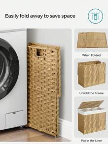SONGMICS 带盖洗衣篮，160 升，带轮滚动洗衣篮，3 格合成藤条洗衣桶，可拆卸内衬，适用于洗衣房、卧室，70 X 36 X 66 厘米，天然洗衣篮，开学季适用
